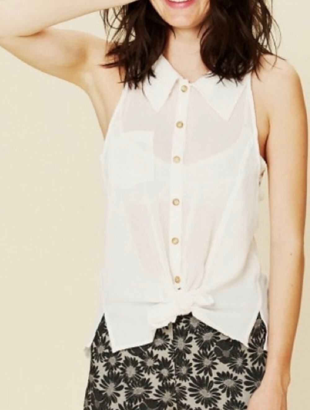 Free People We the Free Sheer Sleeveless Top Button Down Collared Off White XS